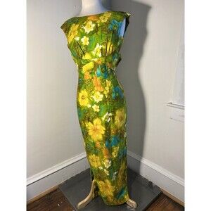 Vintage Hawaiian Paradise Isle Maxi Long Cotton Dress 1960s Floral psychedelic